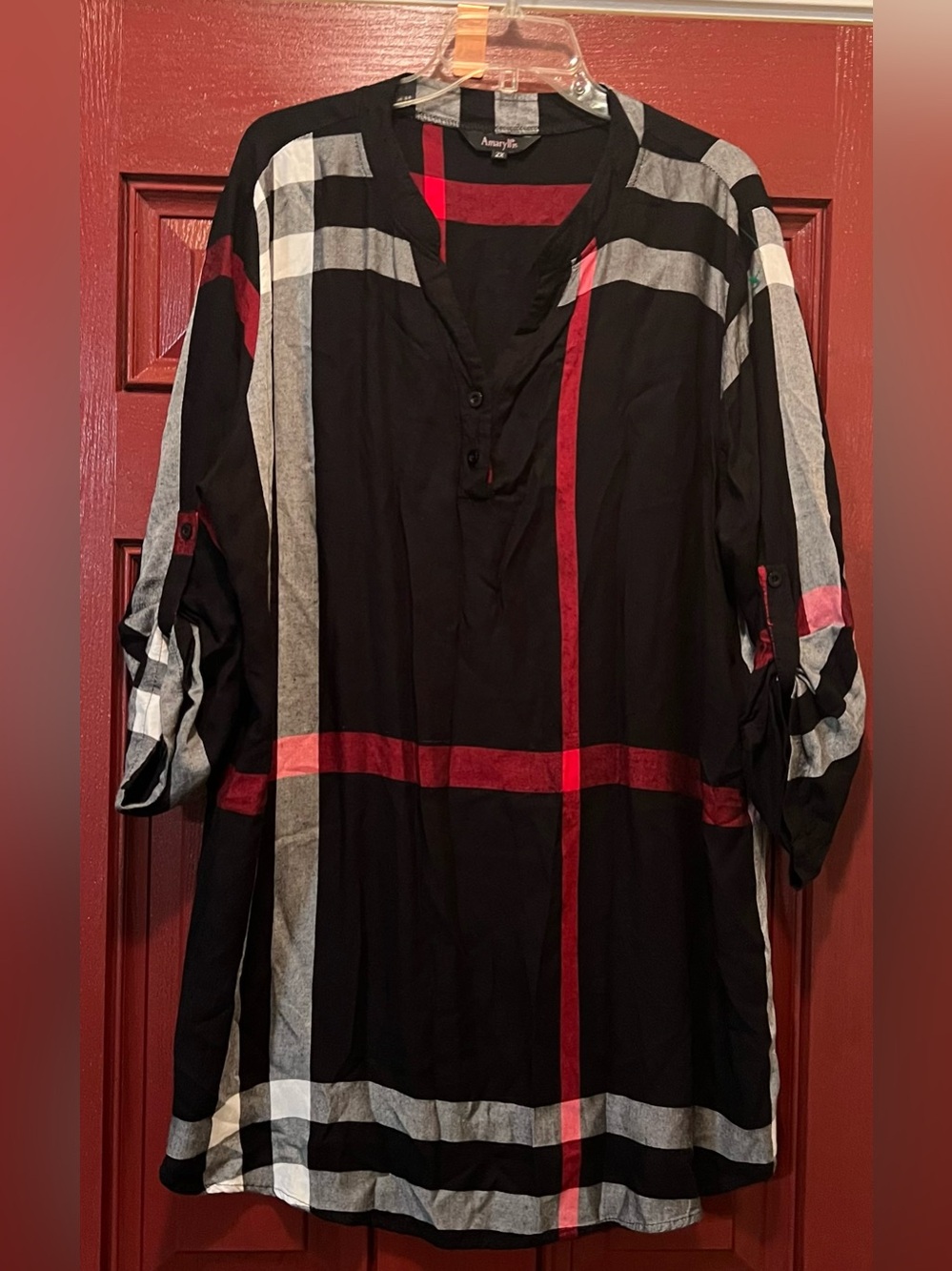 Amaryllis Black Red and Gray Plaid Button-Down Tunic